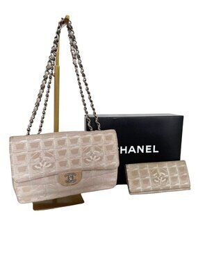 Authentic Vintage Chanel Beige Travel Line Flap Bag + Matching Long Wallet Set